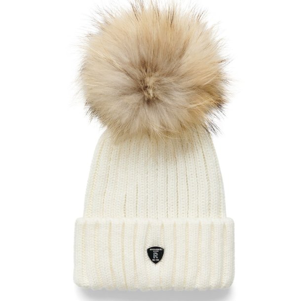 Pom Pom Beanie Hue  - White / Natur Raccoon