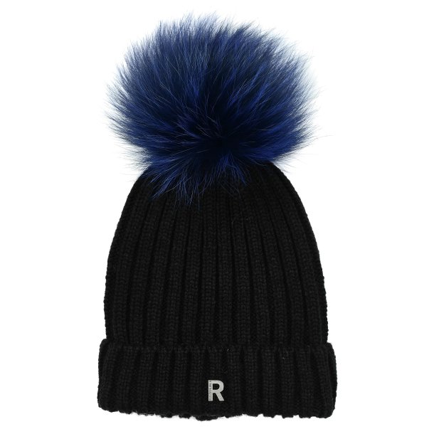 Pom Pom Beanie Hue - Black / Blue - Raccoon